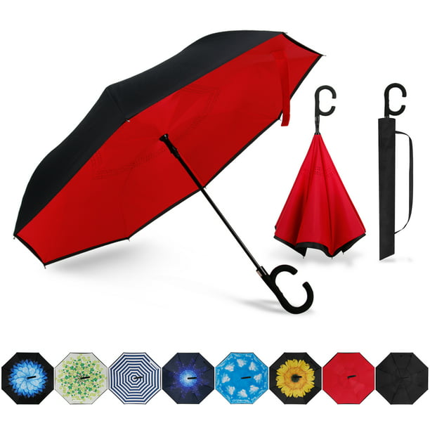 Inverted Umbrella Plaid Christmas Double Layer Outdoor snow Rain Sun Car Travel Large Reversible Umbrella with C Shape Handle for UV Protection Waterproof Windproof 